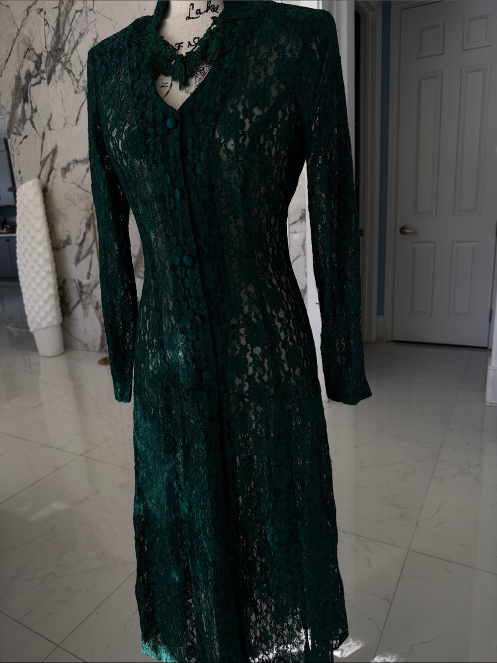 Elegant Dark Green Lace Long Sleeve Dress
